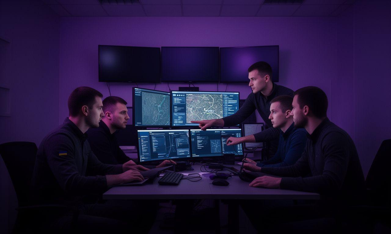 Team of Ukrainian GIS developers reviewing tactical maps and software dashboards in a secure Kyiv office