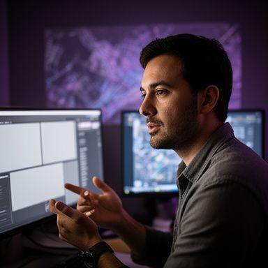 Lead GIS software engineer reviewing tactical interface prototypes in a dimly lit project room