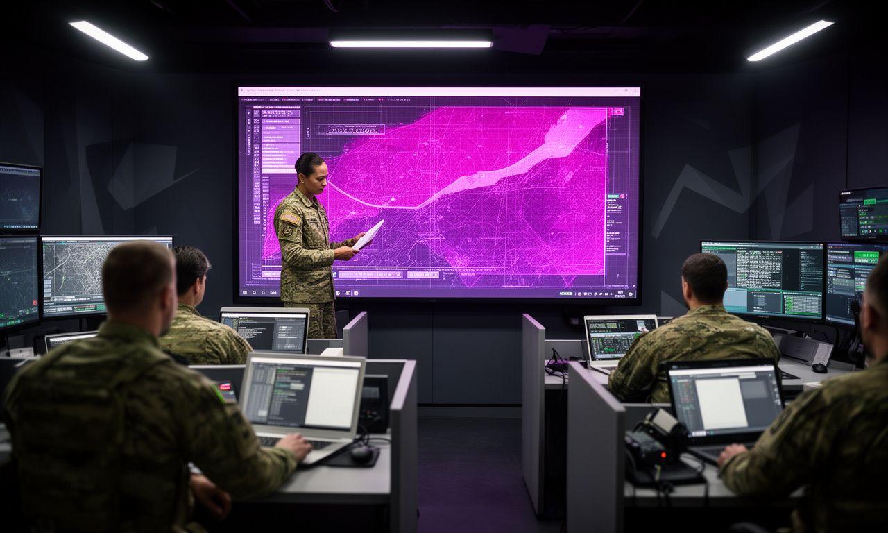 Ukrainian military GIS deployment briefing in a secure operations room with maps, laptops and a large tactical display